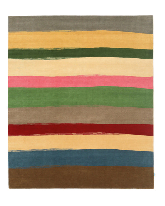 Bunter Streifenteppich designt in Zürich von Sonnhild Kestler. Aus Wolle handgeknüpft und auf Maß hergestellt.